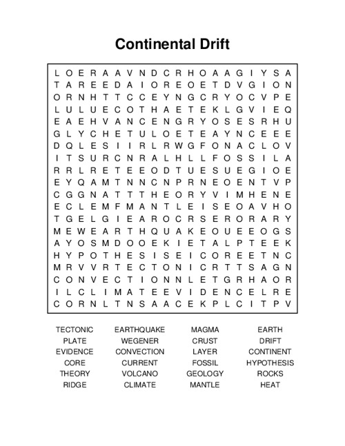 Continental Drift Word Search Puzzle