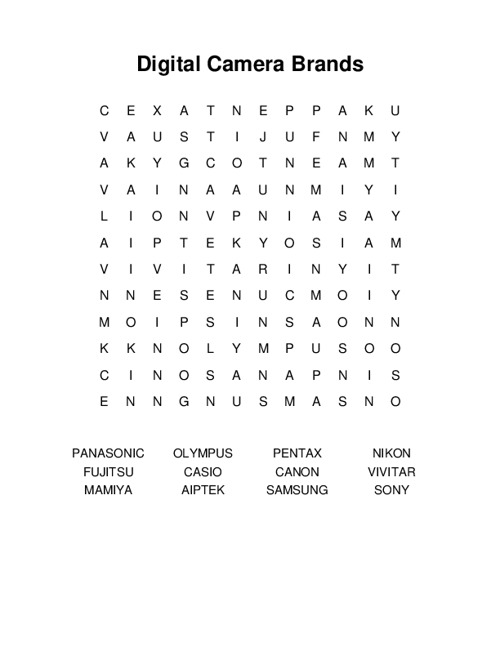 Digital Camera Brands Word Search Puzzle