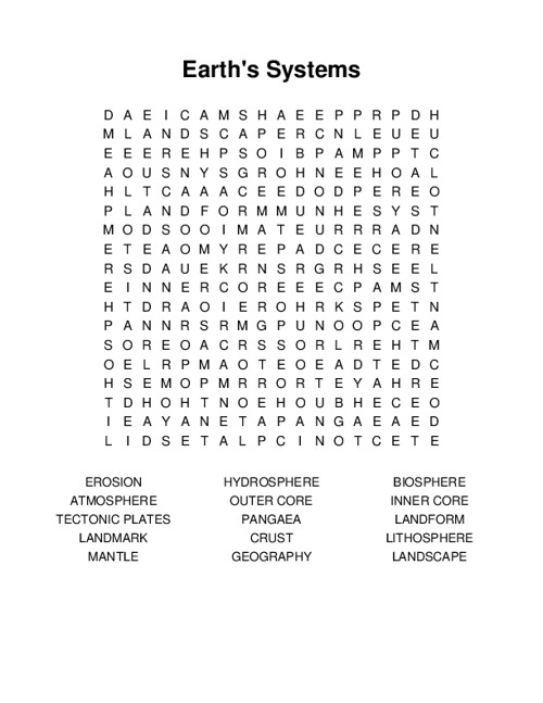 Earths Systems Word Search Puzzle