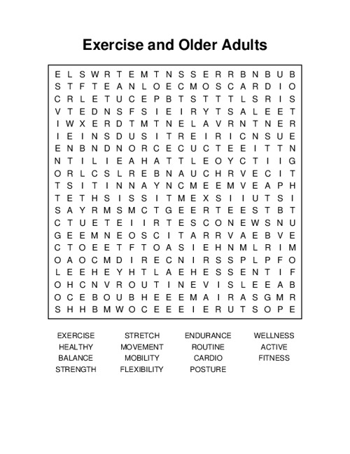 Exercise and Older Adults Word Search Puzzle