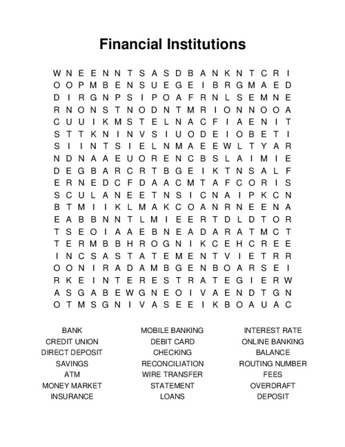 Financial Institutions Word Search Puzzle