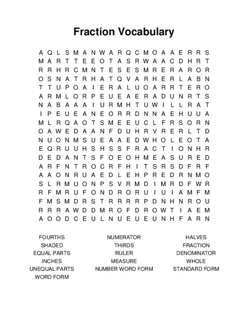 Fraction Vocabulary Word Search Puzzle