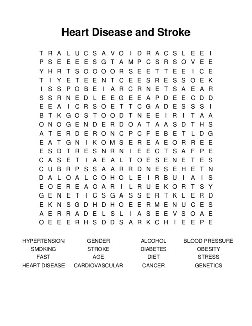 Heart Disease and Stroke Word Search Puzzle