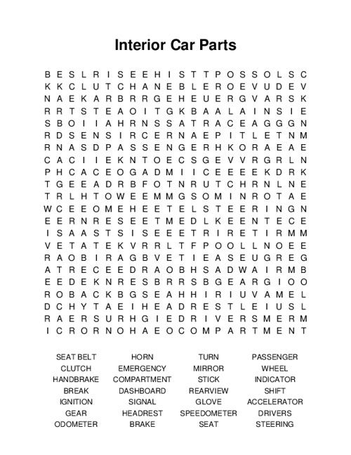 Interior Car Parts Word Search Puzzle