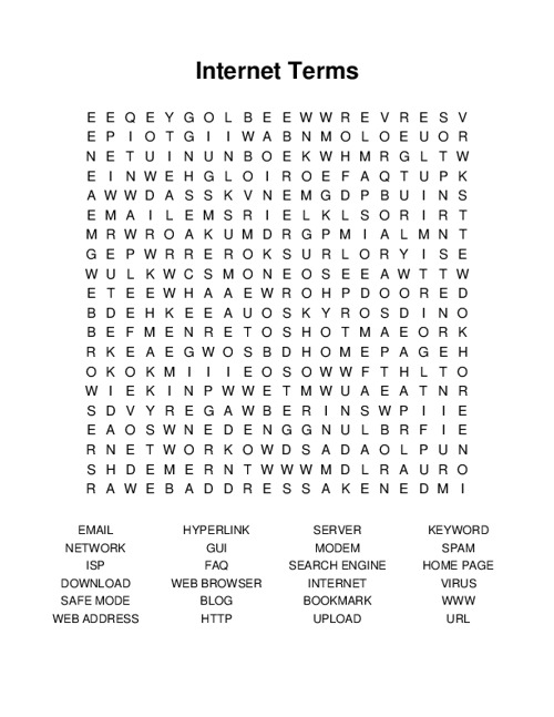 Internet Terms Word Search Puzzle