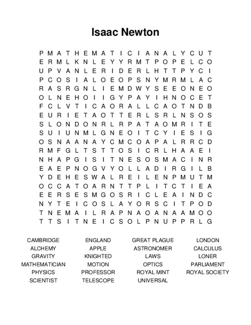 Isaac Newton Word Search Puzzle