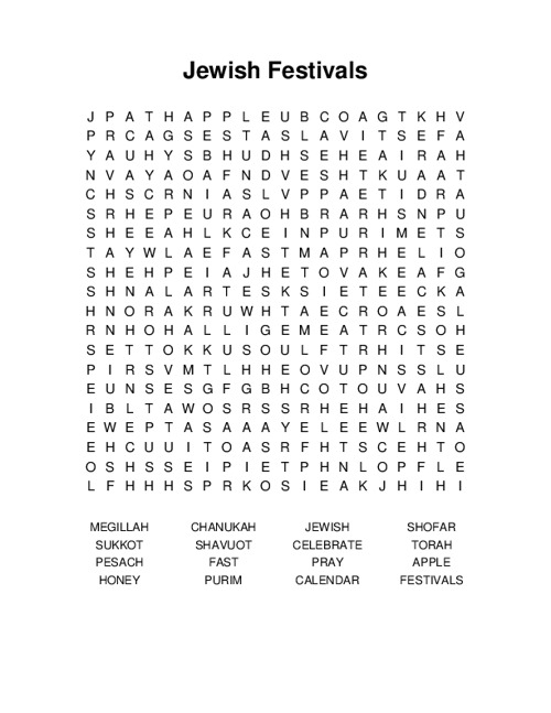 Jewish Festivals Word Search Puzzle