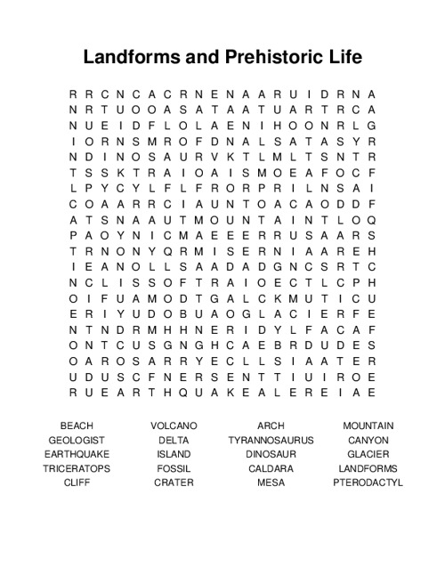 Landforms and Prehistoric Life Word Search Puzzle