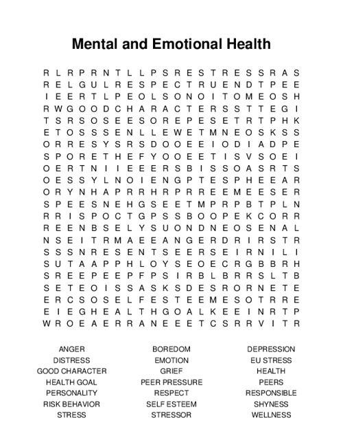 Mental and Emotional Health Word Search Puzzle