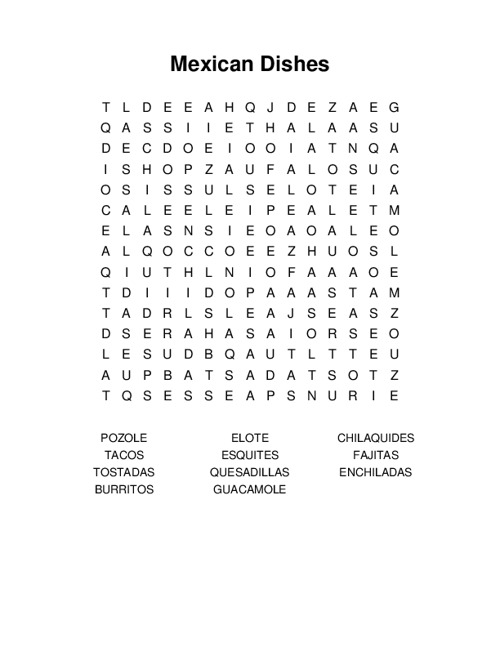 Mexican Dishes Word Search Puzzle