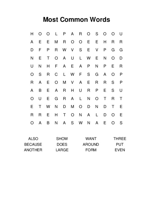 Most Common Words Word Search Puzzle