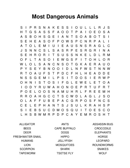 Most Dangerous Animals Word Search Puzzle