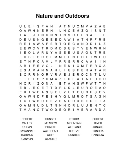 Nature and Outdoors Word Search Puzzle