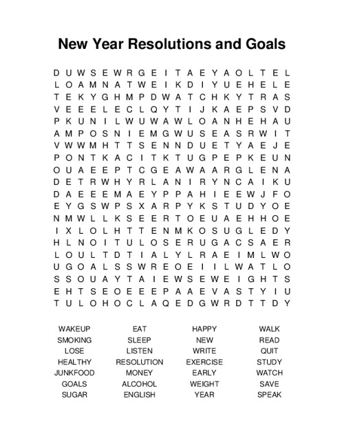 New Year Resolutions and Goals Word Search Puzzle