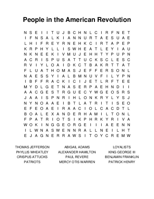 People in the American Revolution Word Search Puzzle