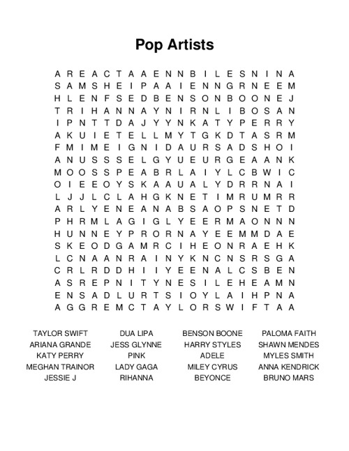 Pop Artists Word Search Puzzle