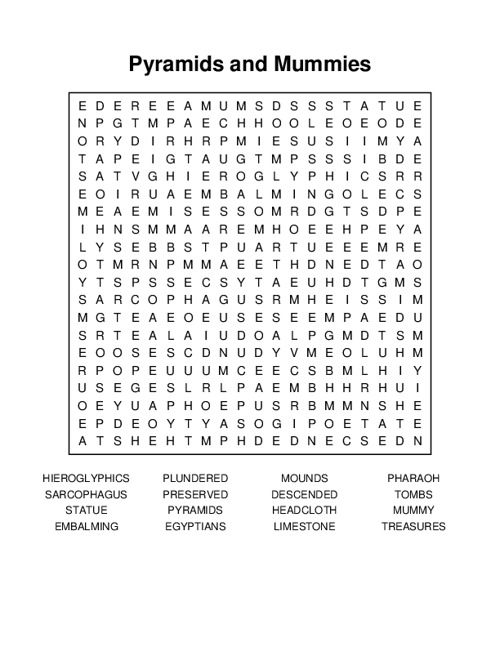 Pyramids and Mummies Word Search Puzzle