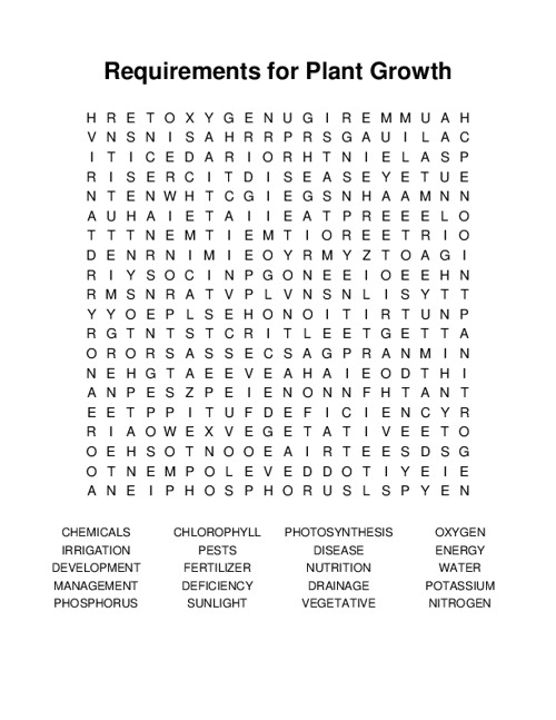 Requirements for Plant Growth Word Search Puzzle