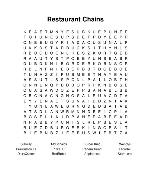 Restaurant Chains Word Search Puzzle