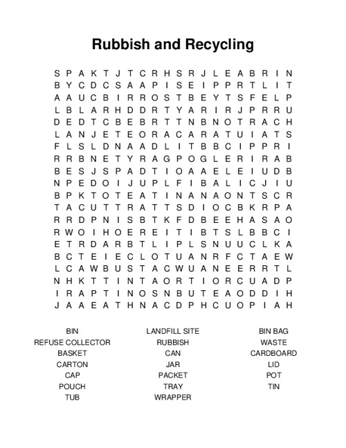 Rubbish and Recycling Word Search Puzzle