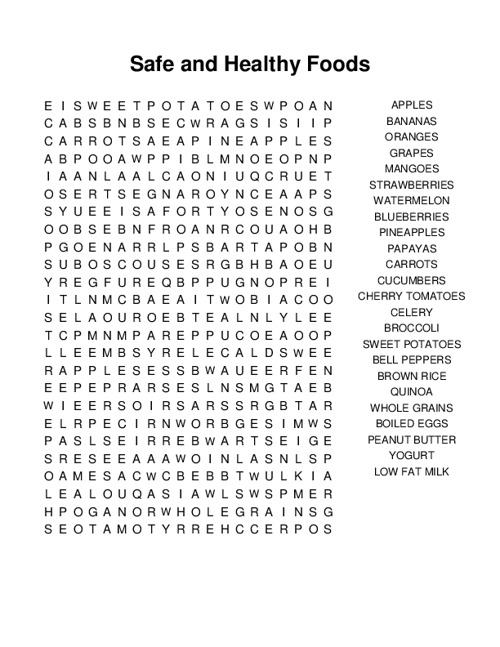 Safe and Healthy Foods Word Search Puzzle