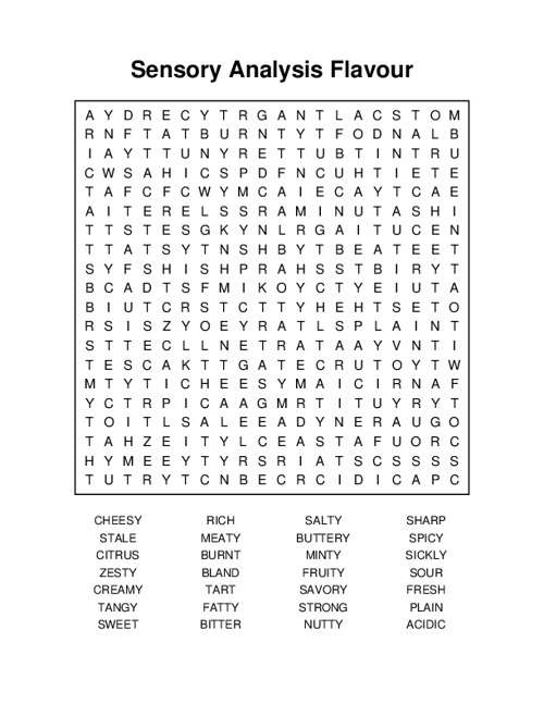 Sensory Analysis Flavour Word Search Puzzle