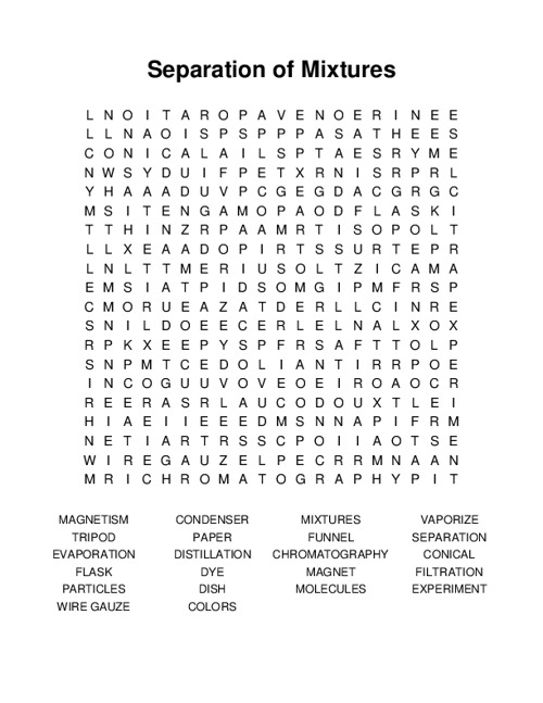 Separation of Mixtures Word Search Puzzle