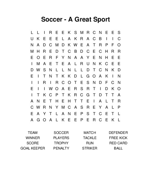 Soccer - A Great Sport Word Search Puzzle