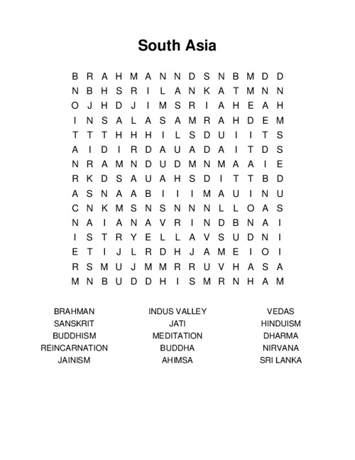 South Asia Word Search Puzzle