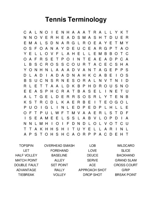 Tennis Terminology Word Search Puzzle