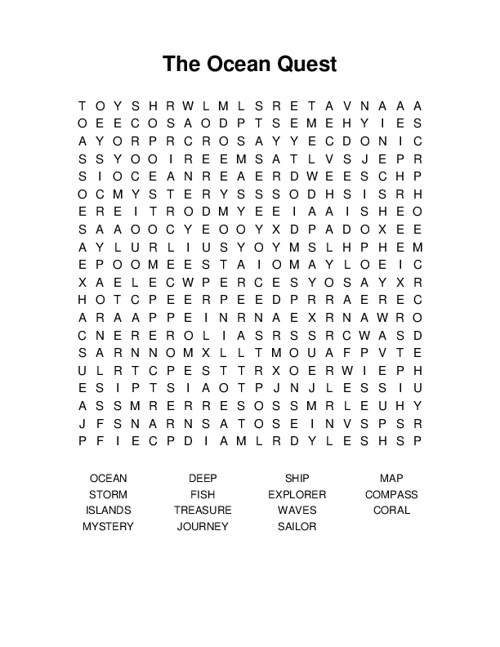 The Ocean Quest Word Search Puzzle