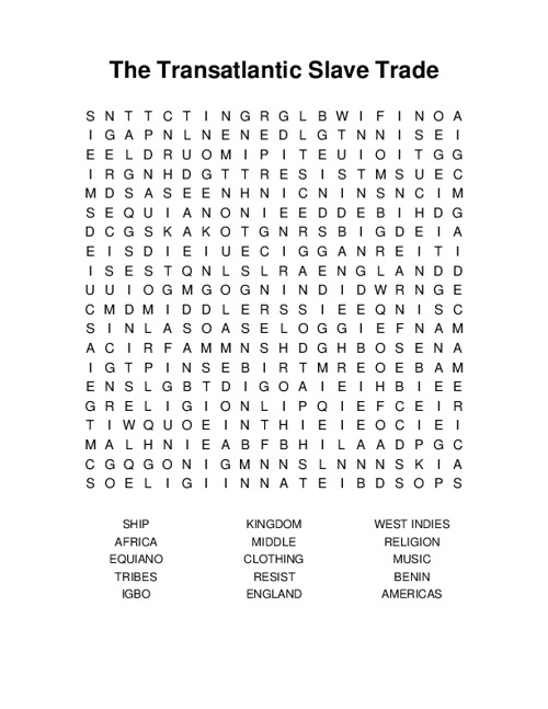 The Transatlantic Slave Trade Word Search Puzzle