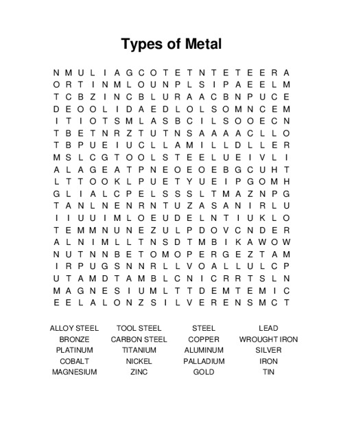 Types of Metal Word Search Puzzle