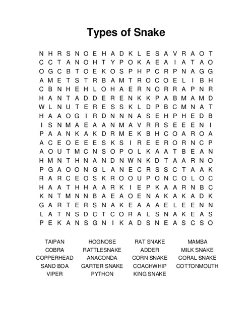 Types of Snake Word Search Puzzle