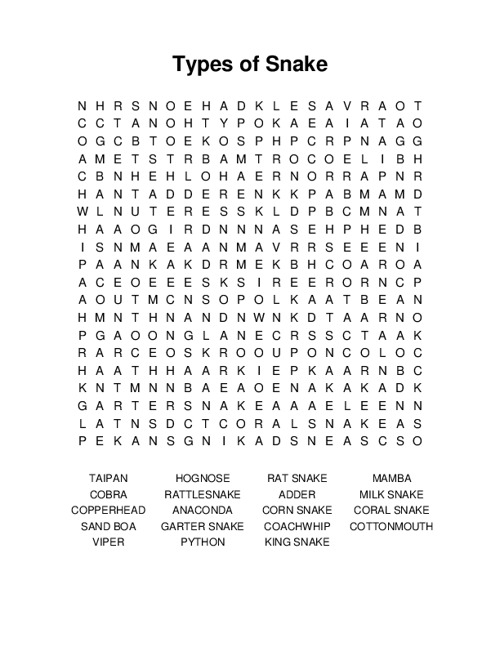 Types Of Snake Word Search