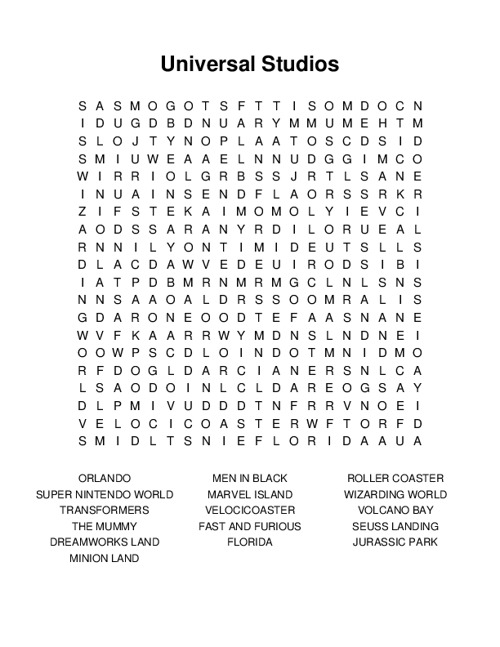 Universal Studios Word Search Puzzle