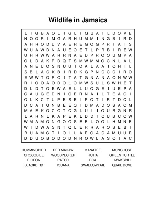 Wildlife in Jamaica Word Search Puzzle