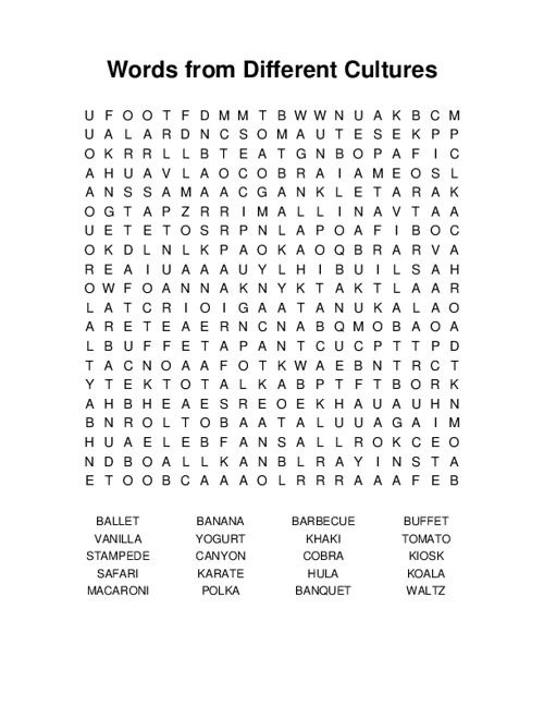 Words from Different Cultures Word Search Puzzle