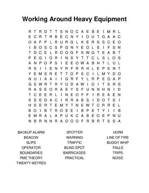 Working Around Heavy Equipment Word Search Puzzle