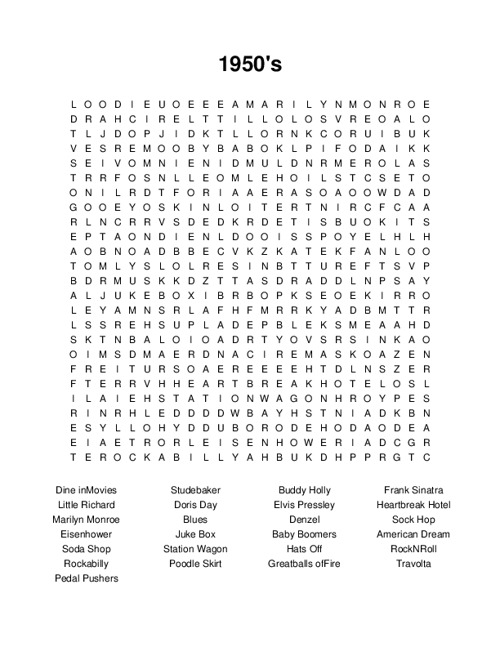 1950s Word Search Puzzle