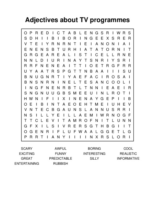 Adjectives about TV programmes Word Search Puzzle