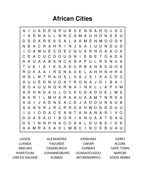 African Cities Word Search Puzzle