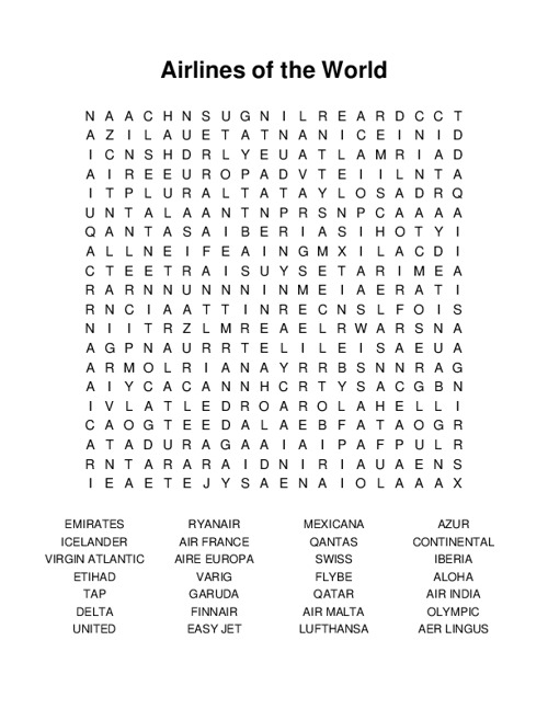 Airlines of the World Word Search Puzzle