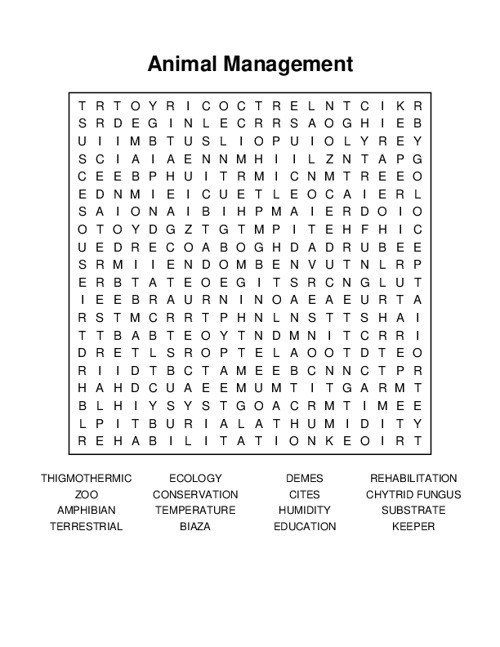 Animal Management Word Search Puzzle