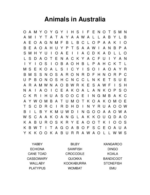 Animals in Australia Word Search Puzzle