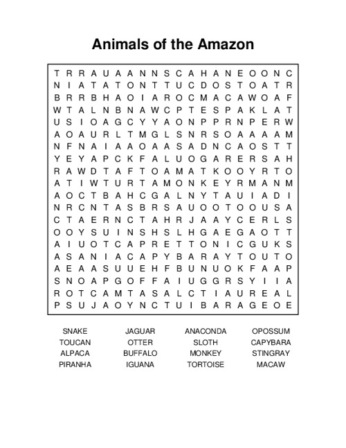 Animals of the Amazon Word Search Puzzle