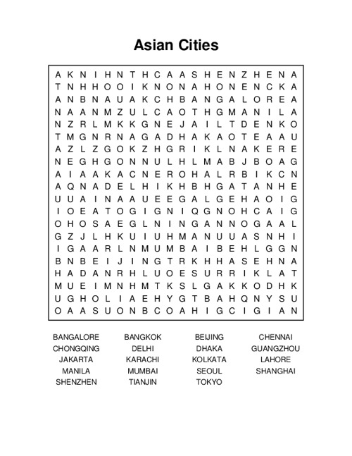 Asian Cities Word Search Puzzle