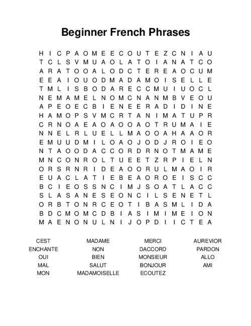 Beginner French Phrases Word Search Puzzle