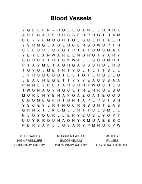 Blood Vessels Word Search Puzzle