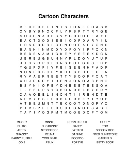 Cartoon Characters Word Search Puzzle